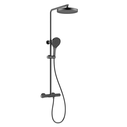 Душевая система Stworki Лерум S04170GB с термостатом и каскадным изливом вороненая сталь
